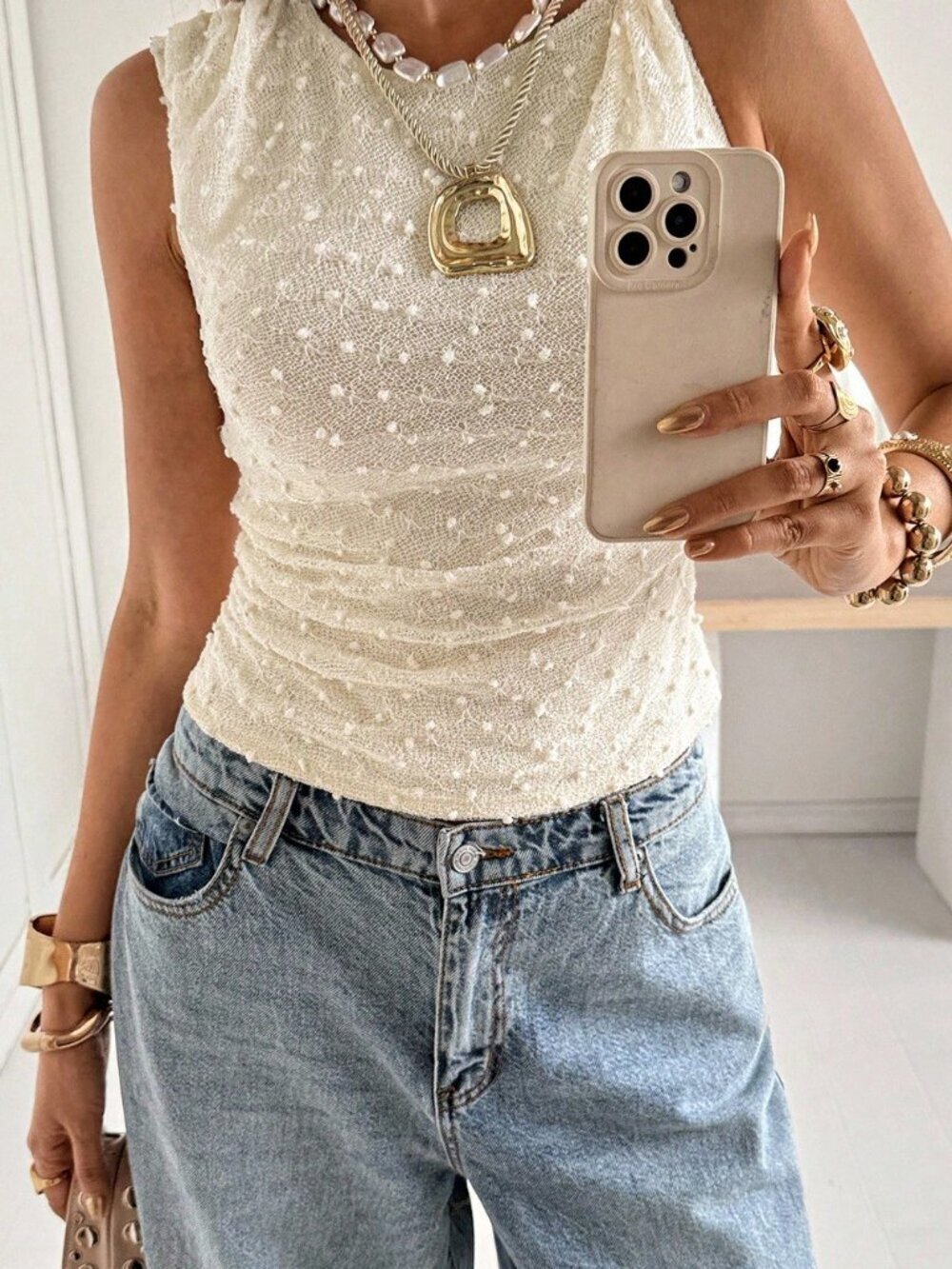 Apricot Casual Women's Round Neck Sleeveless Tank Top with Open Back Straps